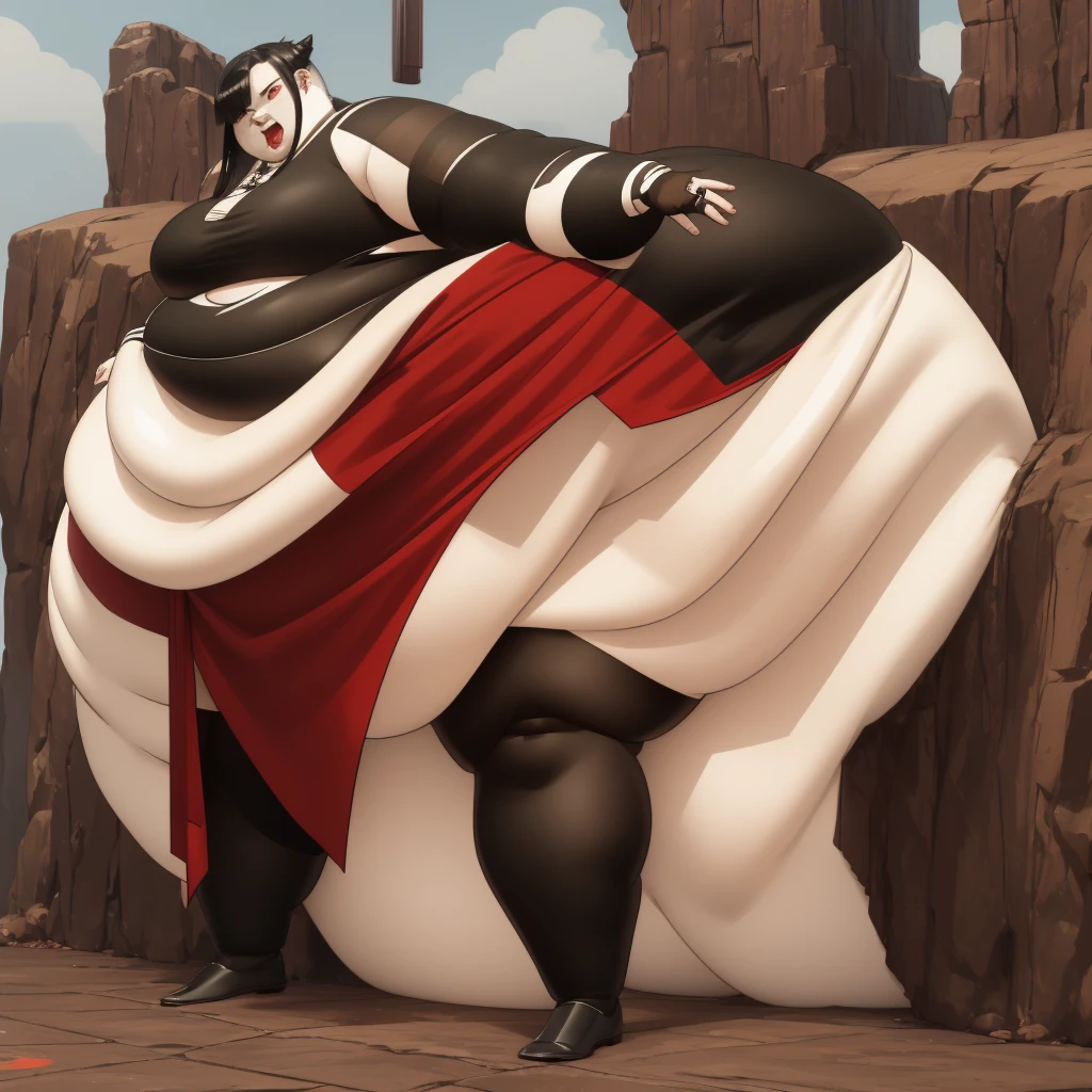 mature_female, vampire, pale_skin, ((ly_obese)), round_face, black_hair, long_hair, curly_hair, lipstick, pointy_ears, red_eyes, fangs, bare_shoulders, ((insanent_breasts)), ((insanely_giat)), ((insanely_giant_thifull_body, gothic_horror, fantasy_art