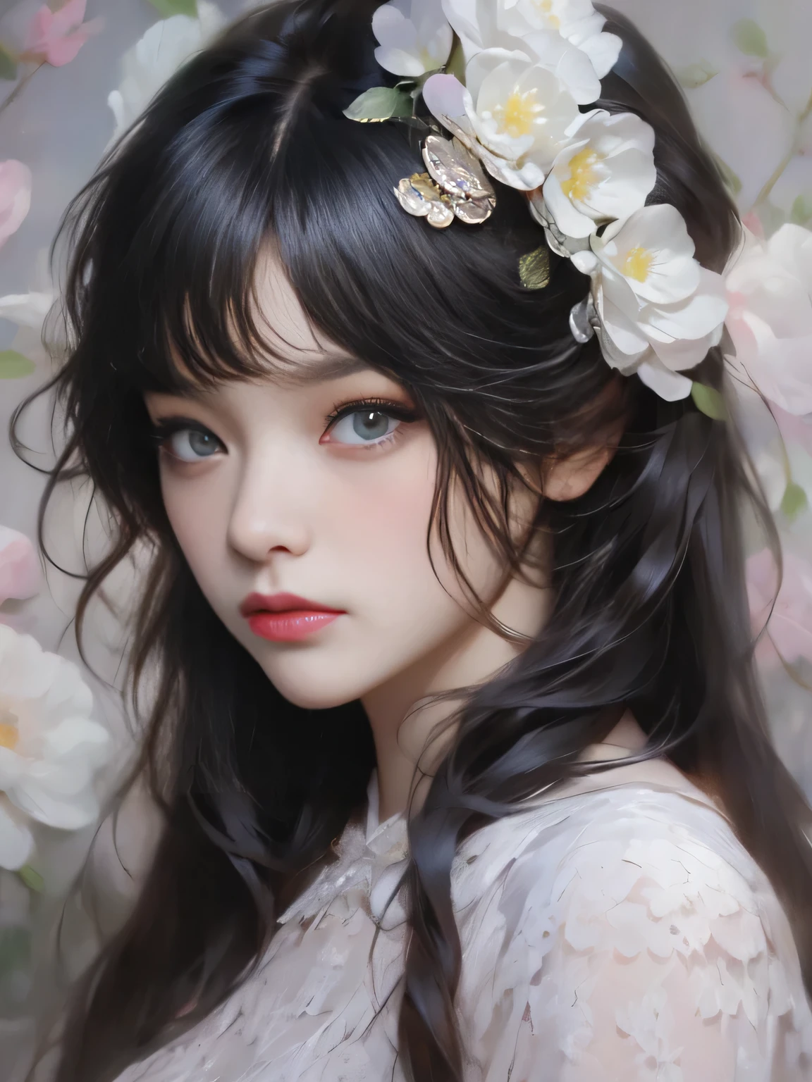ladies and bouquet,Portrait close-up,She looked at me with very beautiful and kind eyes.Detailed Schneider pastel inks, Soft and wonderful, Fluffy, (Extremely Delicately Beautiful), (perfect detail)、(pastel colour),Soft texture:1.2.(On a table, Best quality), (Eyes are delicate and beautiful), (dark bright eyes),(detailed eyes and detailed face),(black silk hair), (Black hair like a spring),The color is also significantly brighter.Pale blurry silhouette,surrounded by many flowers