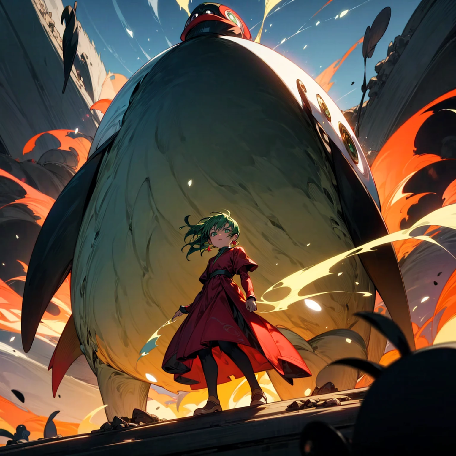 Ultra detailed, full background, Full body version, motion blur, plasma, lens blur, overlay color, overlay blending, lighten blending, chromatic aberration, hd, ultra hd, (Hunter x hunter style), , green eyes, green colour hair, classic bowl hairstyle, Red earrings, red and black penguin