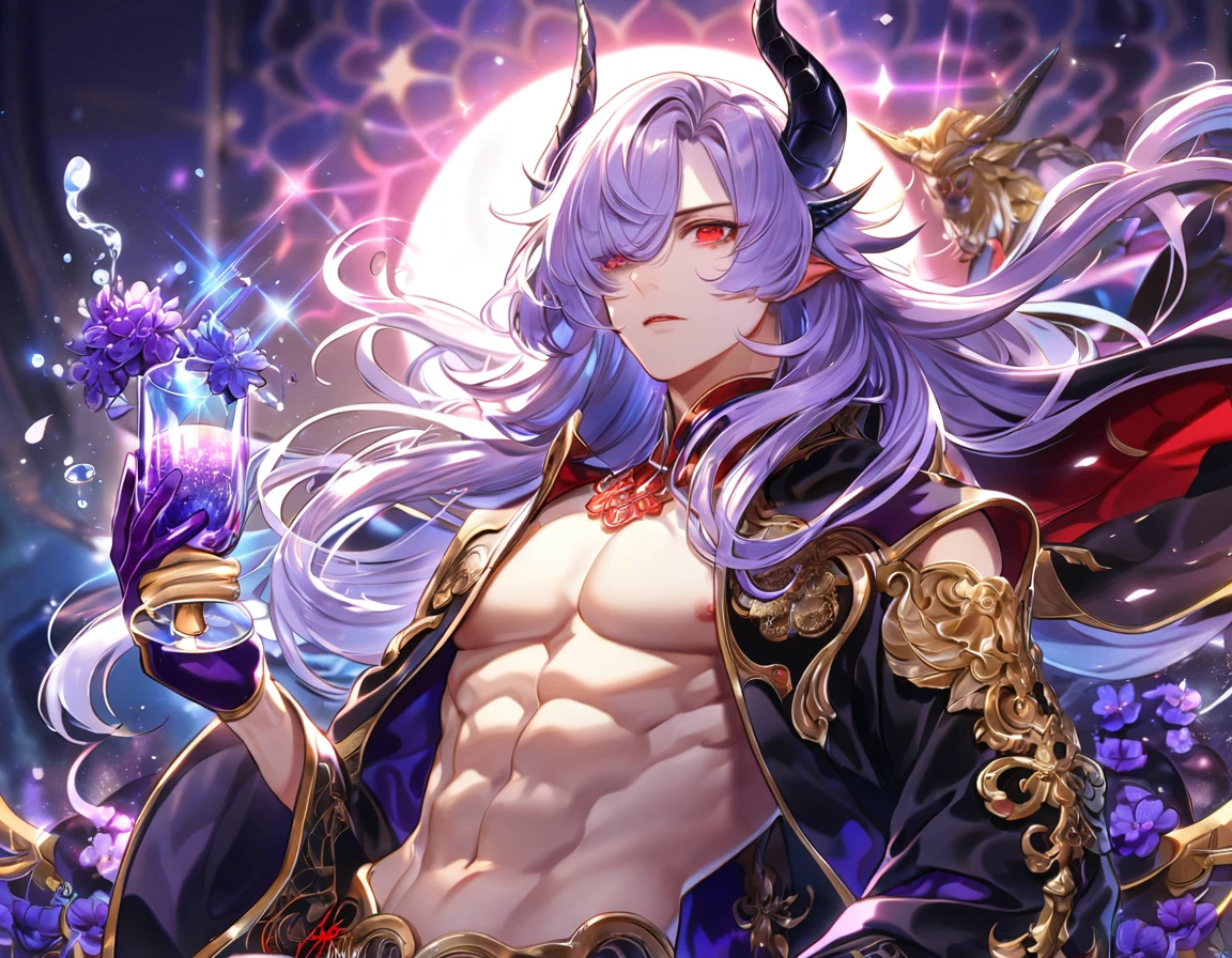 absurdres, highres, ultra detailed, HDR, master piece, best quality, extremely detailed, Yasha, light-purple hair, long hair, hair over the left eye, expressive red eyes, demon, black horns, Onmyoji, solo, sexy man, handsome, toned chest, bare chest, black cape, purple long gloves, magical, fantasy, glittering, sparkling, glass, purple flowers, purple petals, water, purple moon