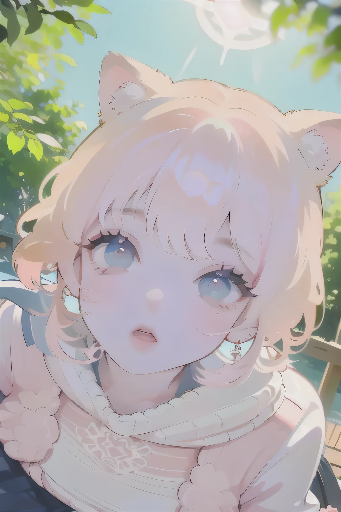 (high quality) (best quality) (a woman) (correct physiognomy) (perfect students) (perfect eyes) anime woman, deep pink, long and fluffy hair, two rabbit ears coming out of her head, blue eyes, lips sensitive, feminine appearance, soft facial features, thin eyebrows, soft skin, rosy cheeks, pink lips, silky eyelashes, dreamy expression, middle age, youthful clothing, print sweatshirt, photo illuminated by sunlight, Woman sitting on forest.