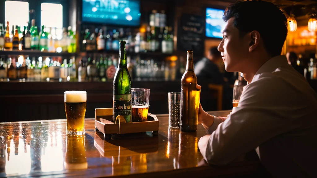 Written boundary depth, HD detailed, Wet Watermark, Hyper Detail, Realistic photos, 16K, Surrealism, Deep focus bokeh, Ray Tracing, Sepia、bar、There are bottled beers available、 Focus on the glass、Bustling atmosphere、bright、party