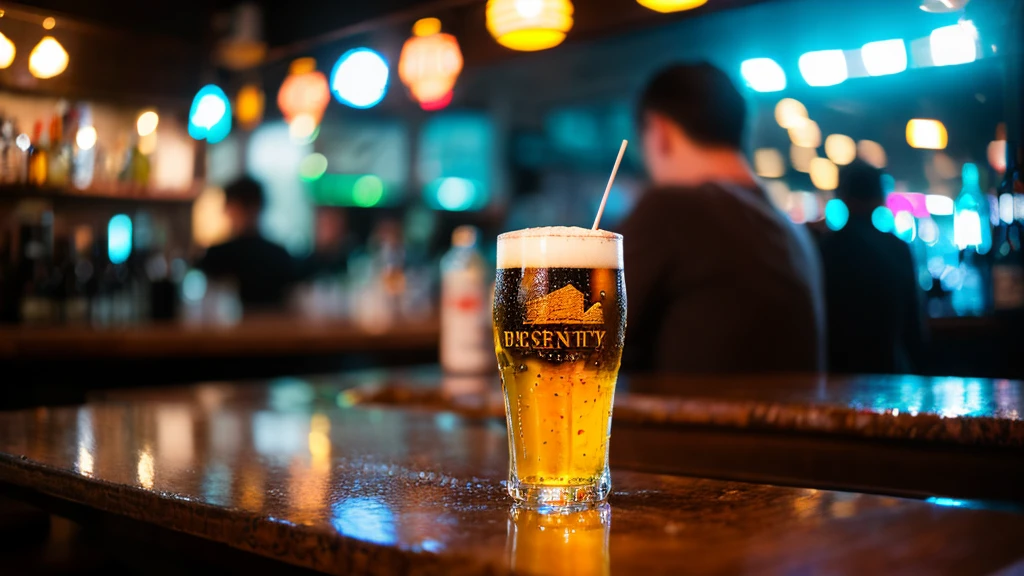 Written boundary depth, HD detailed, Wet Watermark, Hyper Detail, Realistic photos, 16K, Surrealism, Deep focus bokeh, Ray Tracing, Sepia、bar、There are bottled beers available、 Focus on the glass、Bustling atmosphere、bright、party