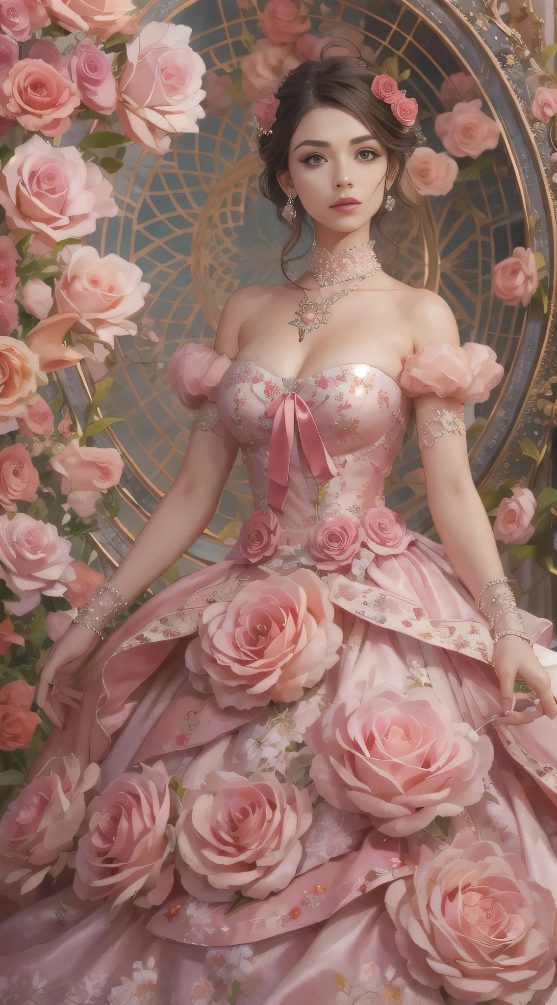 This is a realistic fantasy art work,The backdrop is a charming pastel bubblegum and rose garden. Create a proud woman,Her face is nuanced,Tumbling pleats in stunning French silk ballgown. A woman is'S face is very sweet ((((The content is very detailed, With realistic features and soft, puffy lips.)))) The ball dress is decorated with ruffles, obi strip, and bow and subtle, But intricately, Hand embroidered corset. Ribbon design bodice. The woman's charming eyes are beautifully detailed, Has realistic shadows、Various colors and high resolution. woman in eternal rose garden, The style of each item is very exquisite,detail-rich. These realistic roses feature a shimmering pink hue, Yellow, orange colors, and flash red. eternal rose is deep red,With shimmery pink shades and undertones. protected woman's face, the hair, And the eyes are perfect. important: Interesting details included,por exemplo, As estrelas, airbubble, ((and flash)). Endless realism, high fantasy, Whimsical fantasies, Storybook fantasy, fairy fantasy, Fantasy details, enchanting, Big breasts are charming, 8K, employment, computer graphics image processing, digitial painting, unified, unreal-engine, (((tmasterpiece))), iintricate, Elegant, The content is very detailed, A majestic, digital photography, Art germ、Nguyen Jia、Works by Greg Rutkoski, (tmasterpiece, Eyes are delicate and beautiful: 1.2), HighDynamicRange, realistic skin textures, (((1 Lady))), (((Alone))), Includes highly detailed faces, Extremely detailed face, and interesting background.