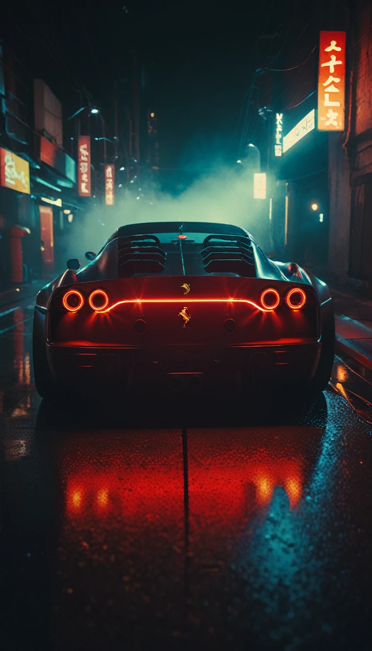 (intrincated details:1.5), (photorealistic), (masterpiece), (photography),  cinematic lighting, (hyperrealistic:1.2), 8K, 300mm
vehicle focus, cyberpunk Ferrari 80s car, cyberpunk alley, ground vehicle, motor vehicle, , scenery, solo, night time, wide tyres, autonomous vehicle,(car led lights), steam coming out of the exhausts, (lens flare, film noise, diffused glow.1.5), (reflections and shine:1.5), (diffraction and chromatic aberration:1.5), (without license plate), (extremely shiny car paint), (tires with a lot of negative camber), Drone Cars, simetric design
sparks floating, (dust and scratches film:1.2), (vintage color grading:1.3), dense environment, (old photo style)
 SK_ANALOGFILM 