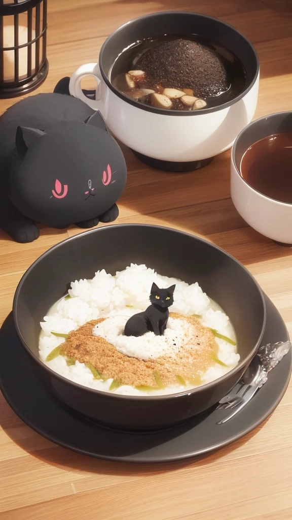 There is a black cat holding a bowl of rice., The cat is drinking tea, Anime movie screenshots, Cat makes soup, Cat drinking coffee, Anime Cat, Cute cat anime visuals, Gore anime screenshot, Anime movie screenshots, Animation still screenshots, Incredible anime movie scenes, In anime movies, A still from the anime