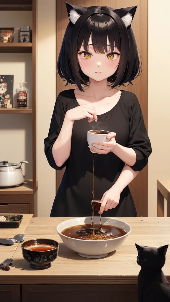 There is a black cat holding a bowl of rice., The cat is drinking tea, Anime movie screenshots, Cat makes soup, Cat drinking coffee, Anime Cat, Cute cat anime visuals, Gore anime screenshot, Anime movie screenshots, Animation still screenshots, Incredible anime movie scenes, In anime movies, A still from the anime