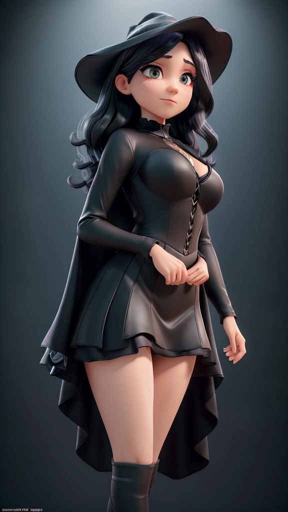 A beautiful woman wearing a black witch dress, black witch hat, black cape, short witch skirt, black translucent stockings, black high heels, pale skin, black lipstick and eye makeup, serious expression and slight smile, long white hair, large breasts, large buttocks, looking back at the viewer, (best quality,4k,8k,highres,masterpiece:1.2),ultra-detailed,(realistic,photorealistic,photo-realistic:1.37),HDR,UHD,studio lighting,ultra-fine painting,sharp focus,physically-based rendering,extreme detail description,professional,vivid colors,bokeh,portrait,fantasy,dark,dramatic lighting
