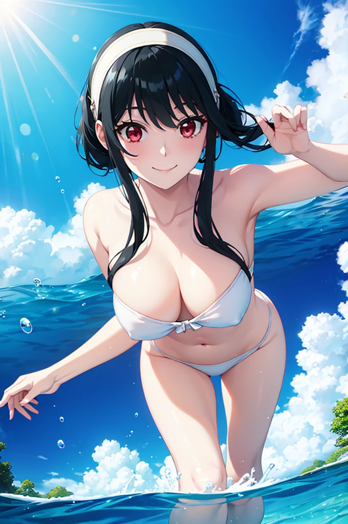 White hair band、Red eyes、Black Hair、Yor Briar、Beautiful woman swimming underwater、Dazzling Sun、smile、Splash、Angles from under water、Clear blue sky