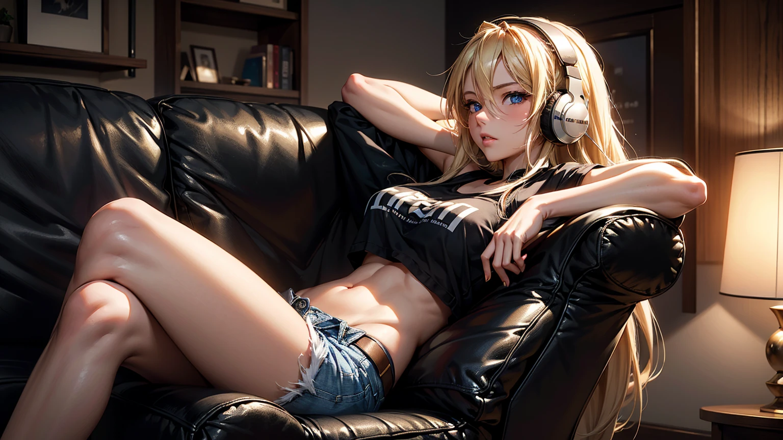 Create an image of a beautiful, erotic anime girl with long blonde hair, and seductive eyes, showing her stomach, relaxing in a cozy lounge. She is wearing a cutoff shirt and shorts, with headphones on, enjoying her music while sitting in her gaming chair. The lounge has warm, dim lighting, plush seating, and personal items scattered around, creating a sense of intimacy and relaxation