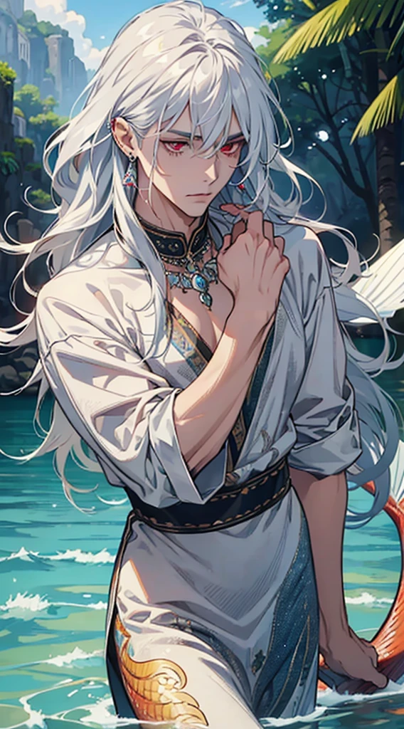 masterpiece, best quality, realistic, a MALE MERMAID, 1man, male focus, tall muscular, long wavy white hair, flying bangs, red eyes, fish eyes, handsome, gorgeous accessories, portrait,extremely detailed face,water surface, simple background, fish scales, looking down, looking at the viewers, , mermaid, fish man, nimples piercing, diamond necklace, silver waist ring, nimples piercing, nimples piercing, nimples piercing