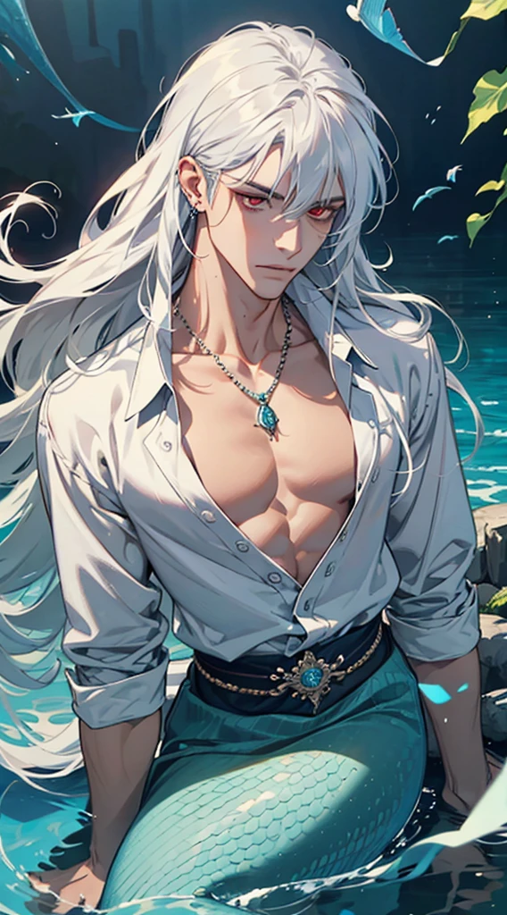 masterpiece, best quality, realistic, a MALE MERMAID, 1man, male focus, tall muscular, long wavy white hair, flying bangs, red eyes, fish eyes, handsome, gorgeous accessories, portrait,extremely detailed face,water surface, simple background, fish scales, looking down, looking at the viewers, , mermaid, fish man, nimples piercing, diamond necklace, silver waist ring, nimples piercing, nimples piercing, nimples piercing