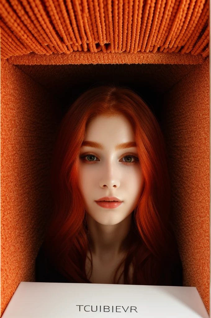 Red-haired girl inside a technological capsule of hibernation with cables and many identical capsules around her