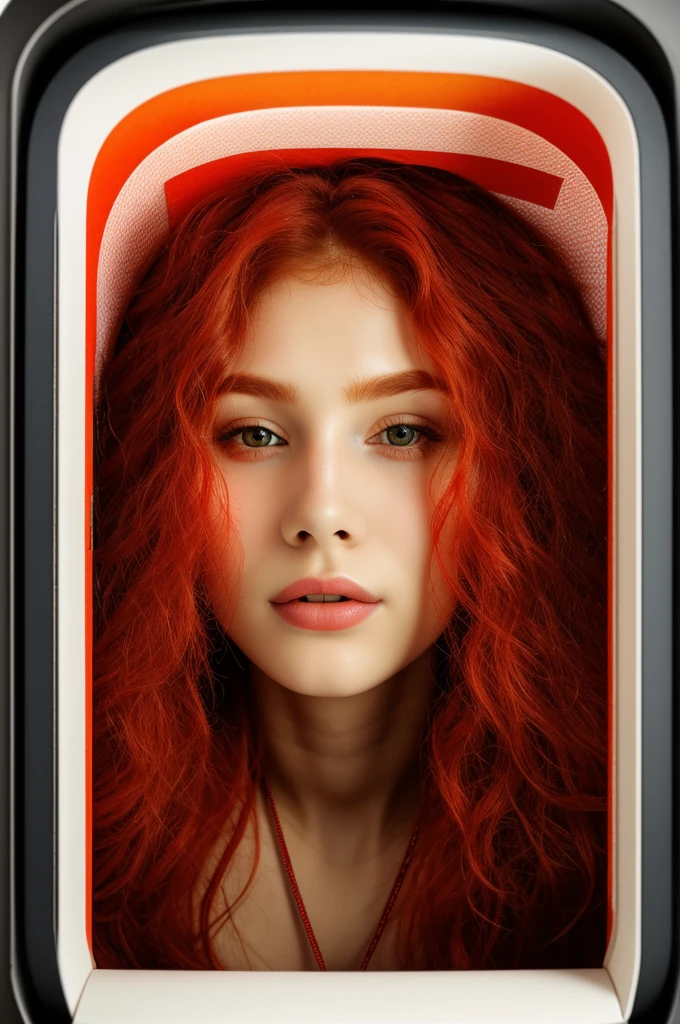 Red-haired girl  inside a technological capsule of hibernation  with cables and many identical capsules around her 