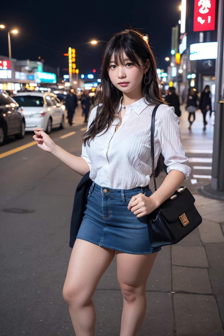 {
  "prompt": "A beautiful young woman with a voluptuous figure, including a well-endowed chest and a curvy body. She has long, flowing brown hair and is wearing an office-casual outfit with a short skirt and high heels. She is holding a black bag large enough to carry a laptop. Her expression is slightly embarrassed, adding a touch of charm to her appearance. She is standing in front of Shinjuku Station, with the bustling urban background contrasting her poised and fashionable look.",
  "size": "1024x1024",
  "n": 1
}
