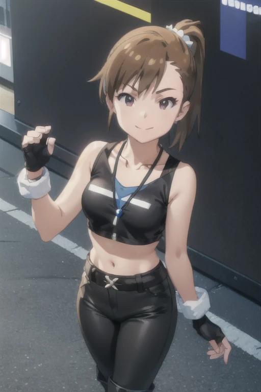 (((pixel-perfect, detail-perfect))), solo, 1girl, mami futami, tank top black, bracelet, necklace, looking at viewer, smile, elbows arm black, gloves black, fingerless gloves, black pants, pads legs black, boots black, arena wwe,