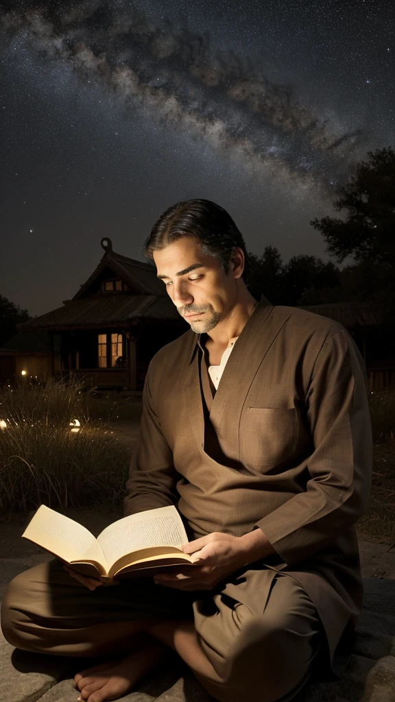 Create a detailed image of a traditional Indian man reading a book in a peaceful, dark village setting at night. Include the following elements:
1. The man should be wearing traditional attire such as a dhoti and kurta.
2. The background should feature village houses, natural scenery, and historical elements like ancient temples, with a brown color tone.
3. It should be nighttime with a starry sky.
4. The atmosphere should be dark, tranquil, and spiritual.

The image should convey the idea that the entire universe is pervaded by the divine. The man should be reading a book with the following quote: "In this entire universe, whatever this world is, is pervaded by God. One should enjoy what is provided with detachment."
