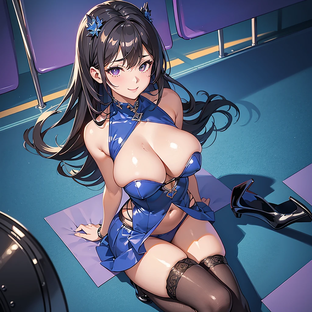 , Best Quality, high resolution, locker room, 1 girl, metallic blue micro bikini, (giant breasts:1.4), beautiful detailed face, happy, lustful smile, mamako oosuki, mature woman, long hair, dark hair, violet eyes, bright pupils, whole body, FROM THE FRONT, looking at the viewer,curvy body, black thigh high stockings, high heels. 4k