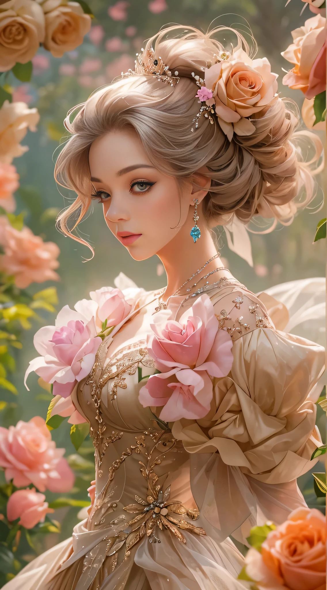 This is a realistic fantasy art work,The backdrop is a charming pastel bubblegum and rose garden. Create a proud woman,Her face is nuanced,Tumbling pleats in stunning French silk ballgown. A woman who is'S face is very sweet ((((The content is very detailed, With realistic features and soft, puffy lips.)))) The ball dress is decorated with ruffles, obi strip, and bow and subtle, But intricately, Hand embroidered corset. Ribbon design bodice. The woman's charming eyes are beautifully detailed, Has realistic shadows、Various colors and high resolution. woman in eternal rose garden, Each piece is beautifully styled,detail-rich. These realistic roses feature a shimmering pink hue, Yellow, orange colors, and flash red. eternal rose is deep red,With shimmery pink shades and undertones. protected woman's face, the hair, And the eyes are perfect. important: Interesting details included,por exemplo, As estrelas, airbubble, ((and flash)). Endless realism, high fantasy, Whimsical fantasies, Storybook fantasy, fairy fantasy, Fantasy details, enchanting, big breasts enchanting, 8K, employment, computer graphics image processing, digitial painting, unified, unreal-engine, (((tmasterpiece))), iintricate, Elegant, The content is very detailed, Majestic, digital photography, Art germ、Works by Jia Ruan and Greg Rutkoski, (tmasterpiece, Eyes are delicate and beautiful: 1.2), HighDynamicRange, realistic skin textures, (((1 Lady))), (((Alone))), Includes highly detailed faces, Extremely detailed face, and interesting background.