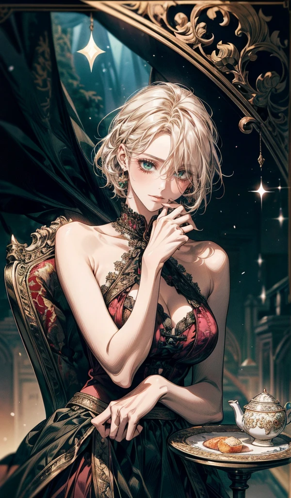 Please follow the all prompts below exactly and faithfully, This is a breathtaking masterpiece of digital illustration, with maximum resolution, UHD, 512K, 2160p, 10 million ppi, 300 million dpi, natural color tones, ultra sharp details, perfect outlines with contrast, ((smooth, soft and clearly and most realistic skin and hair texture)), most beautiful detailed eye features, perfect anatomically correct human body, beautiful background with depth, rule of thirds, depth of field, Maximize all element is used to its full potential to create the best digital illustrations, 1woman, sexy:1.5, beautiful face sharp, elegant woman, perfect body style, slender, beautiful big breasts, green eyes, blonde hair, hair over one eye, short hair, glossy very thick lips:0.7, pink lipstick:0.7, smile, A woman drinking tea at a lakeside lodge in a fantasy world. Halter-neck dress with vibrant colors and patterns, flowing skirt, intricate embroidery, shimmering fabric, delicate lace trim, sparkling gemstones, ethereal glow, magical aura, enchanted symbols, elegant design, whimsical motifs, fairy-tale elegance, mystical runes, celestial patterns, radiant hues, enchanted threads, otherworldly charm, fantastical details, luminous accents, enchanted embellishments. Forest lake with a table and chairs. Holding a teacup with dynamic movement.
