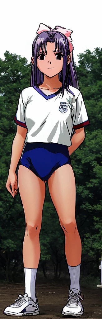 Momoko Koigakubo, a tall girl with beautiful legs, is standing with a smile on her face in a white gym uniform and light navy blue bloomers that look like panties.。