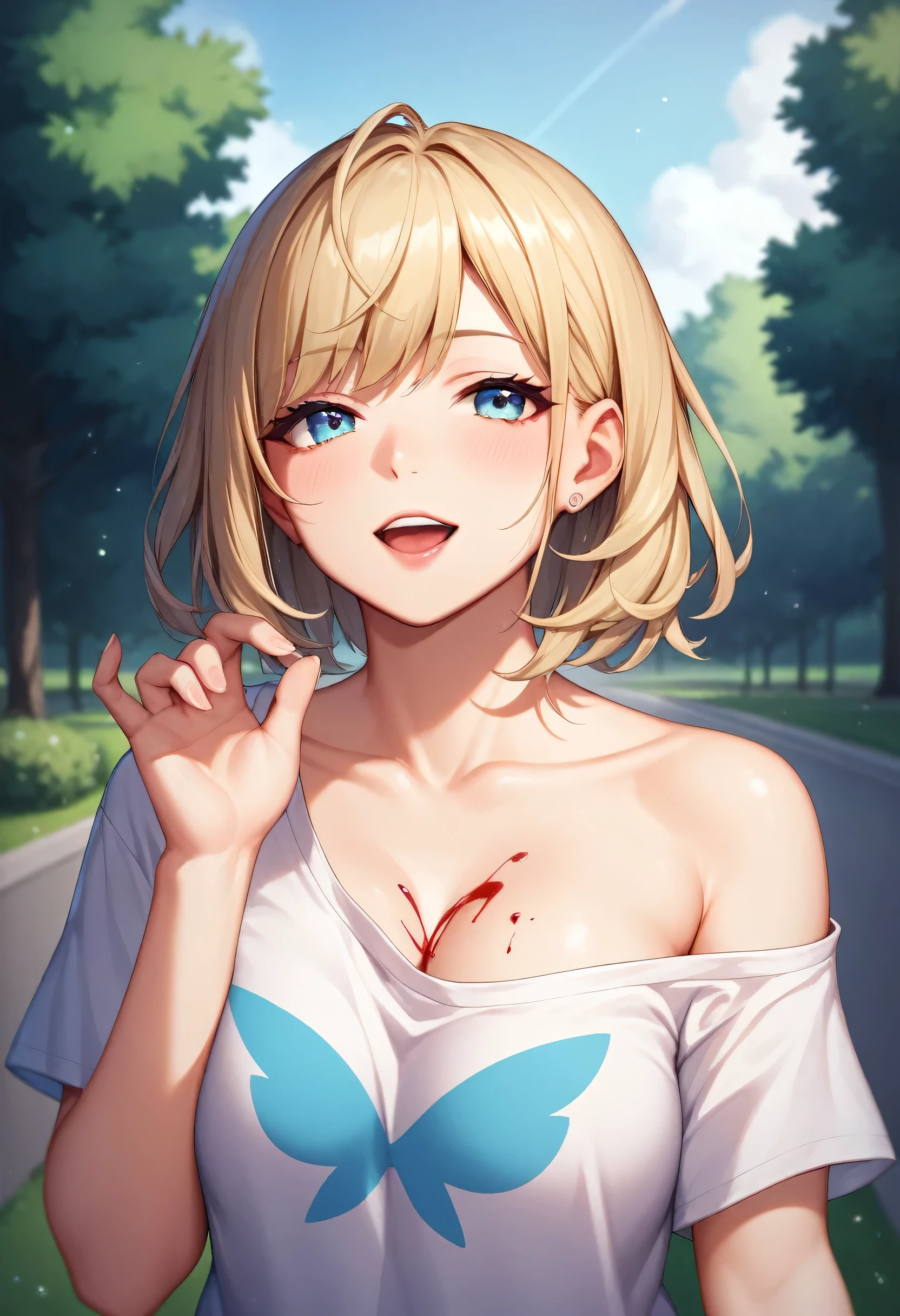 1girl, in park, hair bang, hairstyles, in the style of blue and light off shoulder t-shirts,, dreamy and romantic compositions, white, playful arrangements, fantasy, high contrast, ink strokes, over exposure, blue and white tone impression, abstract, attractive pose,