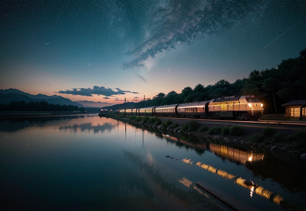 masterpiece, Cartoon train passing through body of water on rails, Bright starry sky. romantic train, Xin Haicheng的圖片, PIXIV, concept art, Lofi Art style, reflection. author:Xin Haicheng, Lofi Art, Beautiful anime scene, Anime Landscape, Detailed scenery —width 672, in Makoto Shinkai's style, Makoto Shinkai's style, Enhance details.