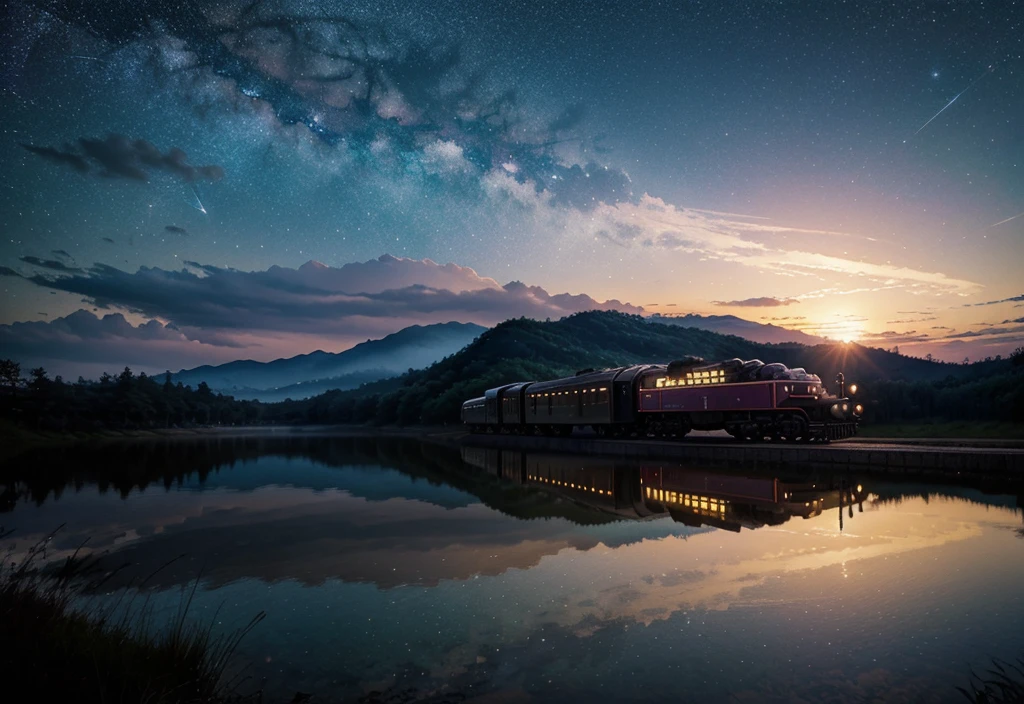 masterpiece, Cartoon train passing through body of water on rails, Bright starry sky. romantic train, Xin Haicheng的圖片, PIXIV, concept art, Lofi Art style, reflection. author:Xin Haicheng, Lofi Art, Beautiful anime scene, Anime Landscape, Detailed scenery —width 672, in Makoto Shinkai's style, Makoto Shinkai's style, Enhance details.