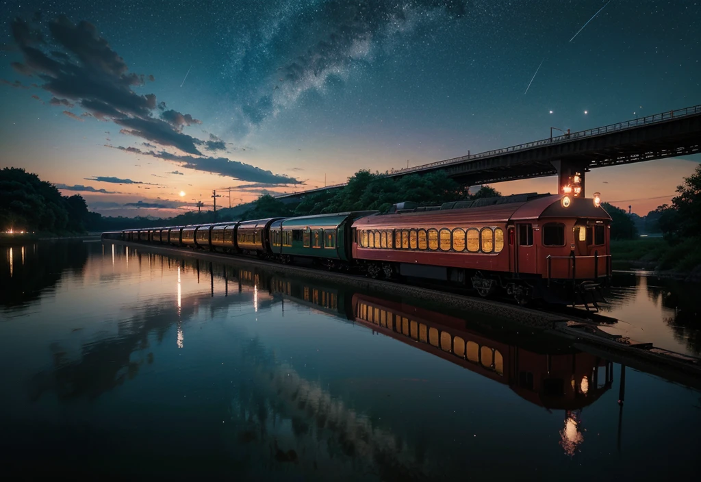 masterpiece, Cartoon train passing through body of water on rails, Bright starry sky. romantic train, Xin Haicheng的圖片, PIXIV, concept art, Lofi Art style, reflection. author：Xin Haicheng, Lofi Art, Beautiful anime scene, Anime Landscape, Detailed scenery —width 672, in Makoto Shinkai&#39;s style, Makoto Shinkai&#39;s style, Enhance details.