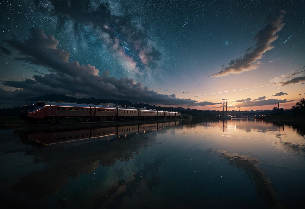 masterpiece, Cartoon train passing through body of water on rails, Bright starry sky. romantic train, Xin Haicheng的圖片, PIXIV, concept art, Lofi Art style, reflection. author：Xin Haicheng, Lofi Art, Beautiful anime scene, Anime Landscape, Detailed scenery —width 672, in Makoto Shinkai&#39;s style, Makoto Shinkai&#39;s style, Enhance details.