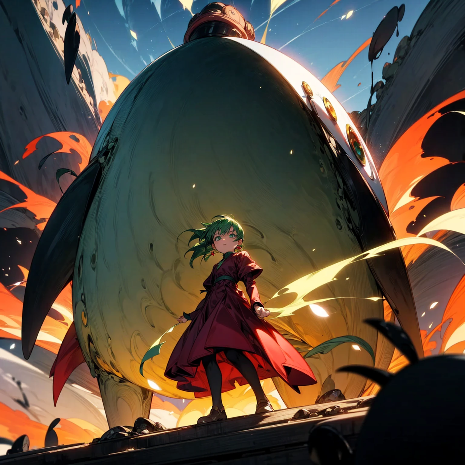 Ultra detailed, full background, Full body version, motion blur, plasma, lens blur, overlay color, overlay blending, lighten blending, chromatic aberration, hd, ultra hd, (Hunter x hunter style), girl, green eyes, green colour hair, classic bowl hairstyle, Red earrings, red and black penguin