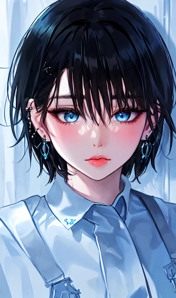 1girl, portrait, earrings, solo,lips, female focus, blue eyes, looking at viewer, black hair, short hair, closed mouth