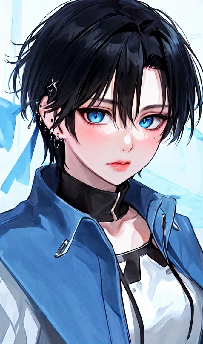 1girl, portrait, earrings, solo,lips, female focus, blue eyes, looking at viewer, black hair, short hair, closed mouth