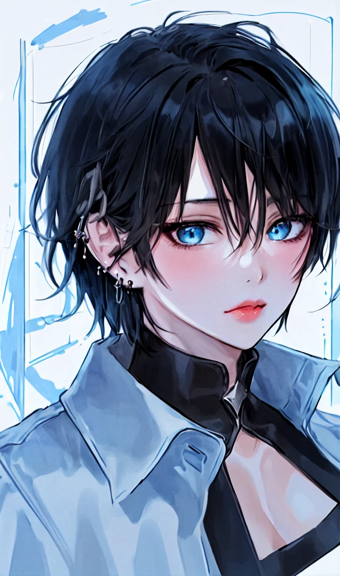 1girl, portrait, earrings, solo,lips, female focus, blue eyes, looking at viewer, black hair, short hair, closed mouth