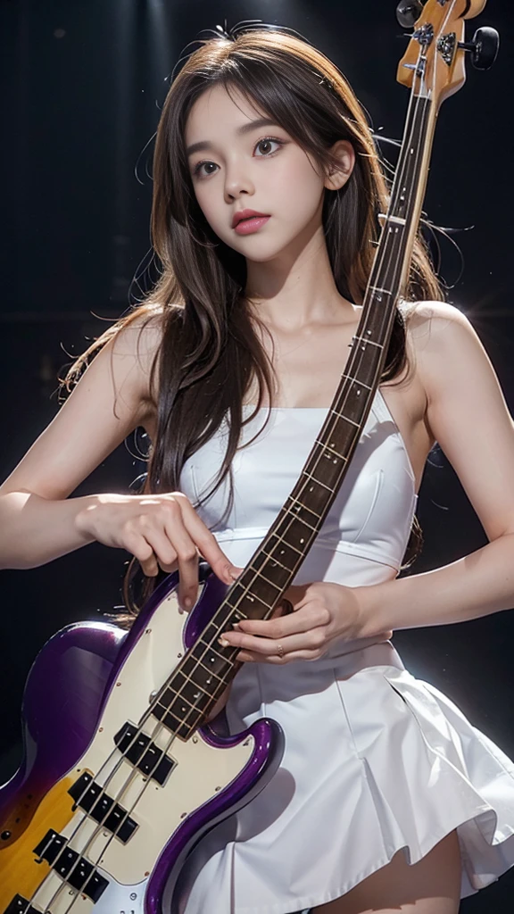 ((A girl playing the bass at a live show))、(15 year old beautiful girl、high school girl、Baby Face:1.3)、Idol、Beautiful breasts、Small beautiful butt、(Brunette messy brown hair)、Complex 4-string bass:1.2、Anatomically correct fingers、((Details Fender Precision Bass:1.3))、Only one base、(Detailed eyes and face:1.2、Professional photography techniques、Cinema Lighting)、Highest quality、8K、masterpiece:1.2、RAW Photos、Realistic:1.3、(Perfect Anatomy:1.3)