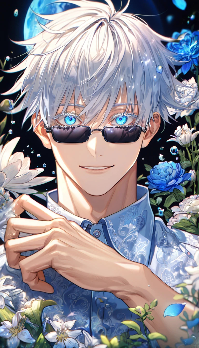 absurdres, highres, ultra detailed, HDR, master piece, Gojou Satoru, white hair with bangs, expressive blue eyes, white eyelashes, light blue dress shirt, black rectangular sunglasses, Jujutsu Kaisen, sexy man, handsome, best quality, blue moon, flowers, fantasy, magical, solo, water, blue shining fireflies, blue petals, handsome smile