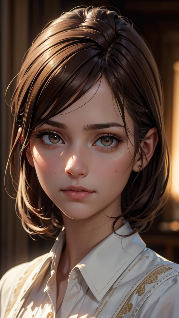 1girl, calm, closed mouth, collared shirt, brown hair, golden eyes, detailed face, intricate clothing, natural lighting, cinematic composition, warm color palette, delicate facial features, serene expression, detailed portrait, soft textures, (best quality,4k,8k,highres,masterpiece:1.2),ultra-detailed,(realistic,photorealistic,photo-realistic:1.37),cinematic lighting,dramatic atmosphere,elegant,beautiful
