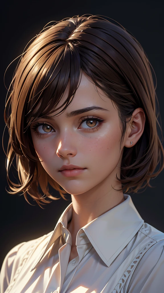 1girl, calm, closed mouth, collared shirt, brown hair, golden eyes, detailed face, intricate clothing, natural lighting, cinematic composition, warm color palette, delicate facial features, serene expression, detailed portrait, soft textures, (best quality,4k,8k,highres,masterpiece:1.2),ultra-detailed,(realistic,photorealistic,photo-realistic:1.37),cinematic lighting,dramatic atmosphere,elegant,beautiful