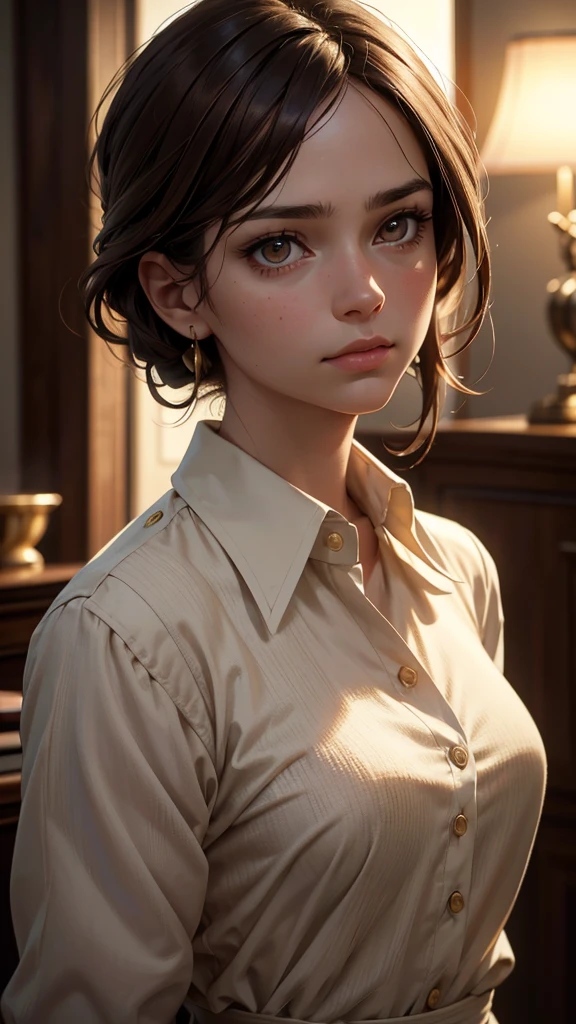 1girl, calm, closed mouth, collared shirt, brown hair, golden eyes, detailed face, intricate clothing, natural lighting, cinematic composition, warm color palette, delicate facial features, serene expression, detailed portrait, soft textures, (best quality,4k,8k,highres,masterpiece:1.2),ultra-detailed,(realistic,photorealistic,photo-realistic:1.37),cinematic lighting,dramatic atmosphere,elegant,beautiful