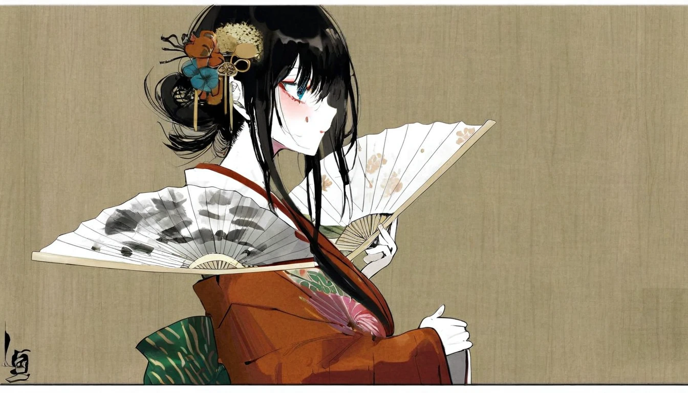 by Demizu Posuka by ziyun,
Detailed face paper texture of one girl in kimono,
Fan from the side,
Slope
(High resolution,
masterpiece,
Highest quality, )