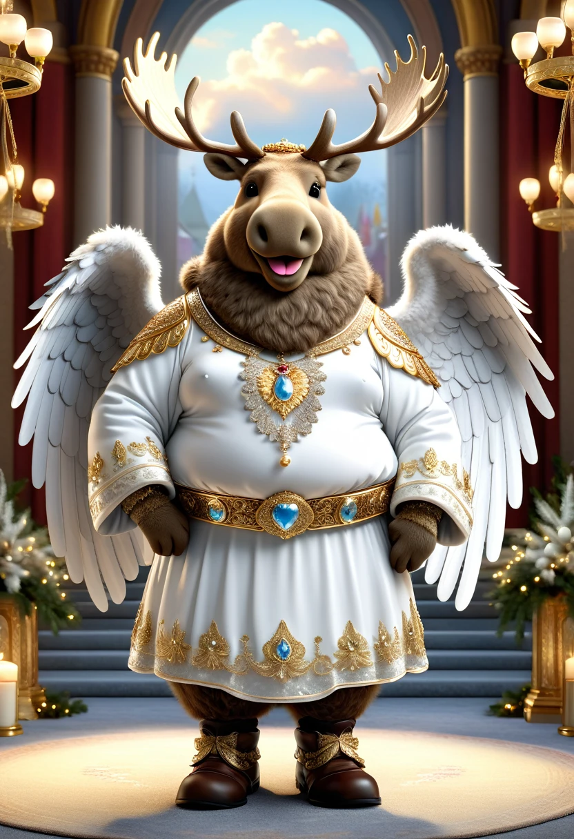 photorealistic portrait of Dressed animals-a ((fat)) ((moose)) angel,(furry), (elegant pose:1.5), (hands on hips:1.5),(smile:1.5),high quality,(angel wings),(lovely) ,intricate details, Wearing angel clothes , (angel's ring above head), highly detailed ((angel wings)) ,highly detailed decorations of clothes, angel boots , (happy), soft lighting,(full body image:2.0),holy temple background,clouds,score_9, score_8_up, score_7_up, score_6_up, score_5_up, score_4_up,