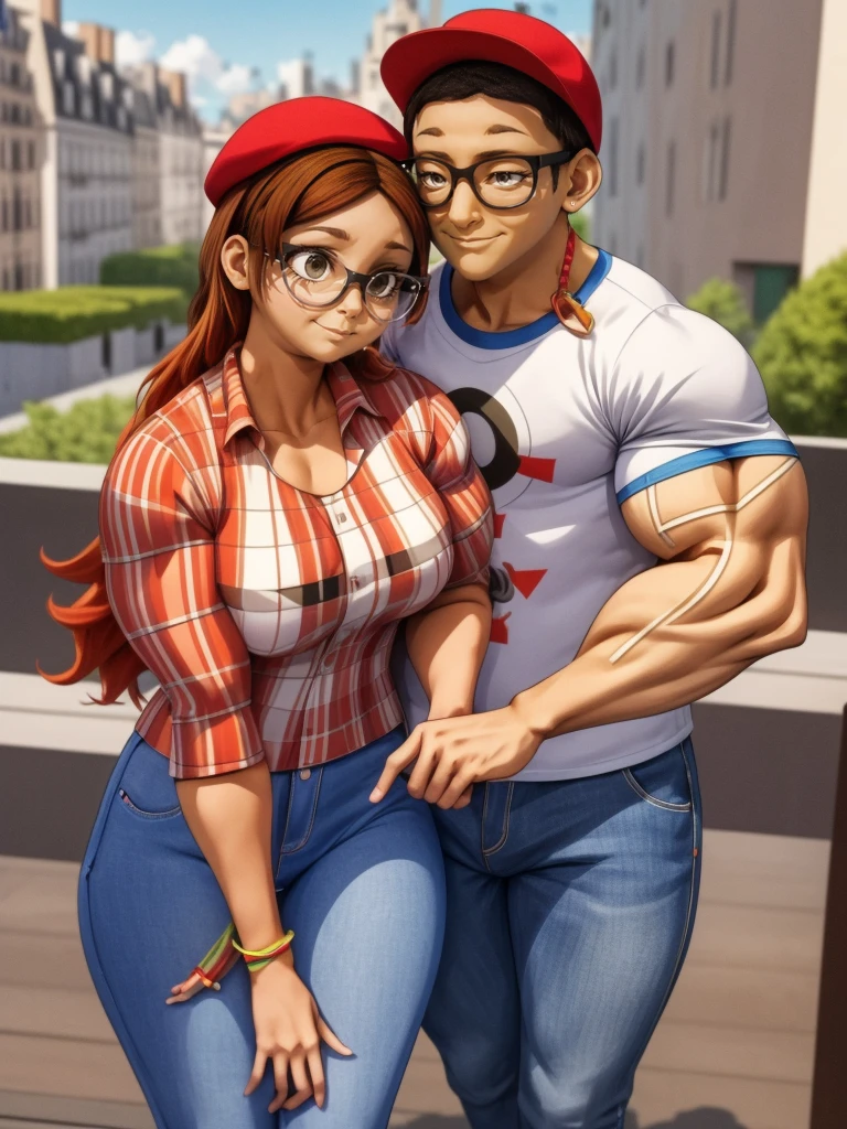 (masterpiece, best quality:1.2), A couple , boy Nino Lahiffe: Brown skin, dark hair, usually seen wearing a red cap, glasses, and casual clothing like a T-shirt and jeans, and a girl Alya Césaire: Brown skin, curly dark brown hair, often wears glasses, and typically seen in stylish, casual outfits. A casual day out with both characters in their everyday attire,Sharing a tender moment, like sitting on a rooftop overlooking Paris..(girl and boy:1), smiling, ((high resolution illustration)), ((extremely detailed)), (couple), Alya, Nino, Nino X Alya, (best quality,4k,8k,highres,masterpiece:1.2), ultra-detailed, realistic:1.37, HDR, studio lighting, extreme detail description, nino wearing a red cap, professional, vibrant colors, bokeh, ((muscular female bodybuilder)), detailed lips, strong embrace, romantic scene, intimate moment, intense passion, athletic bodies, fitness couple, gym background, muscular definition, sculpted muscles, sweat glistening,muscular