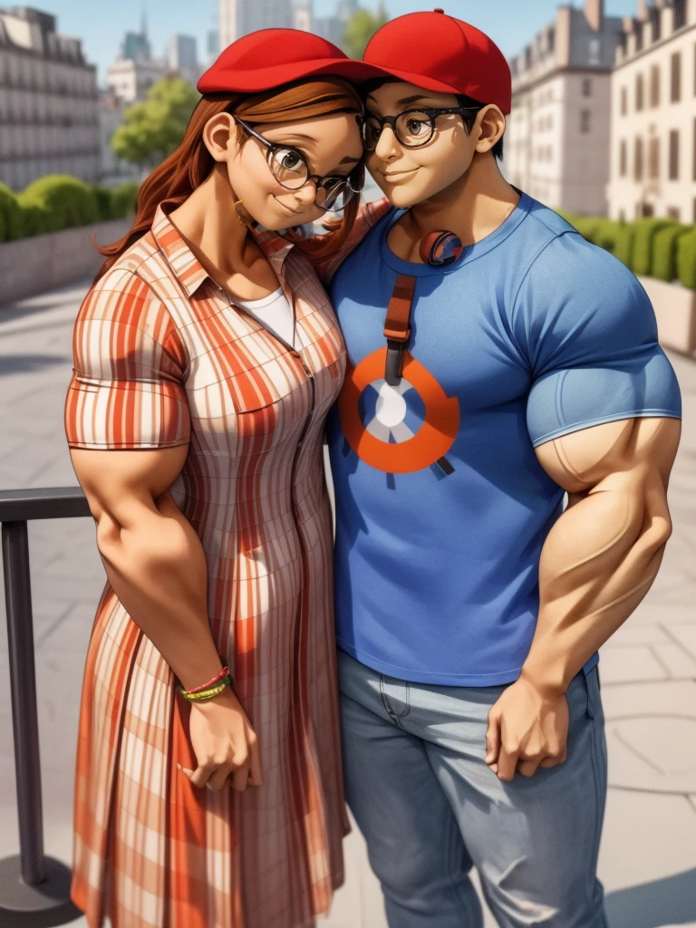 (masterpiece, best quality:1.2), A couple , boy Nino Lahiffe: Brown skin, dark hair, usually seen wearing a red cap, glasses, and casual clothing like a T-shirt and jeans, and a girl Alya Césaire: Brown skin, curly dark brown hair, often wears glasses, and typically seen in stylish, casual outfits. A casual day out with both characters in their everyday attire,Sharing a tender moment, like sitting on a rooftop overlooking Paris..(girl and boy:1), smiling, ((high resolution illustration)), ((extremely detailed)), (couple), Alya, Nino, Nino X Alya, (best quality,4k,8k,highres,masterpiece:1.2), ultra-detailed, realistic:1.37, HDR, studio lighting, extreme detail description, nino wearing a red cap, professional, vibrant colors, bokeh, ((muscular female bodybuilder)), detailed lips, strong embrace, romantic scene, intimate moment, intense passion, athletic bodies, fitness couple, gym background, muscular definition, sculpted muscles, sweat glistening,muscular
