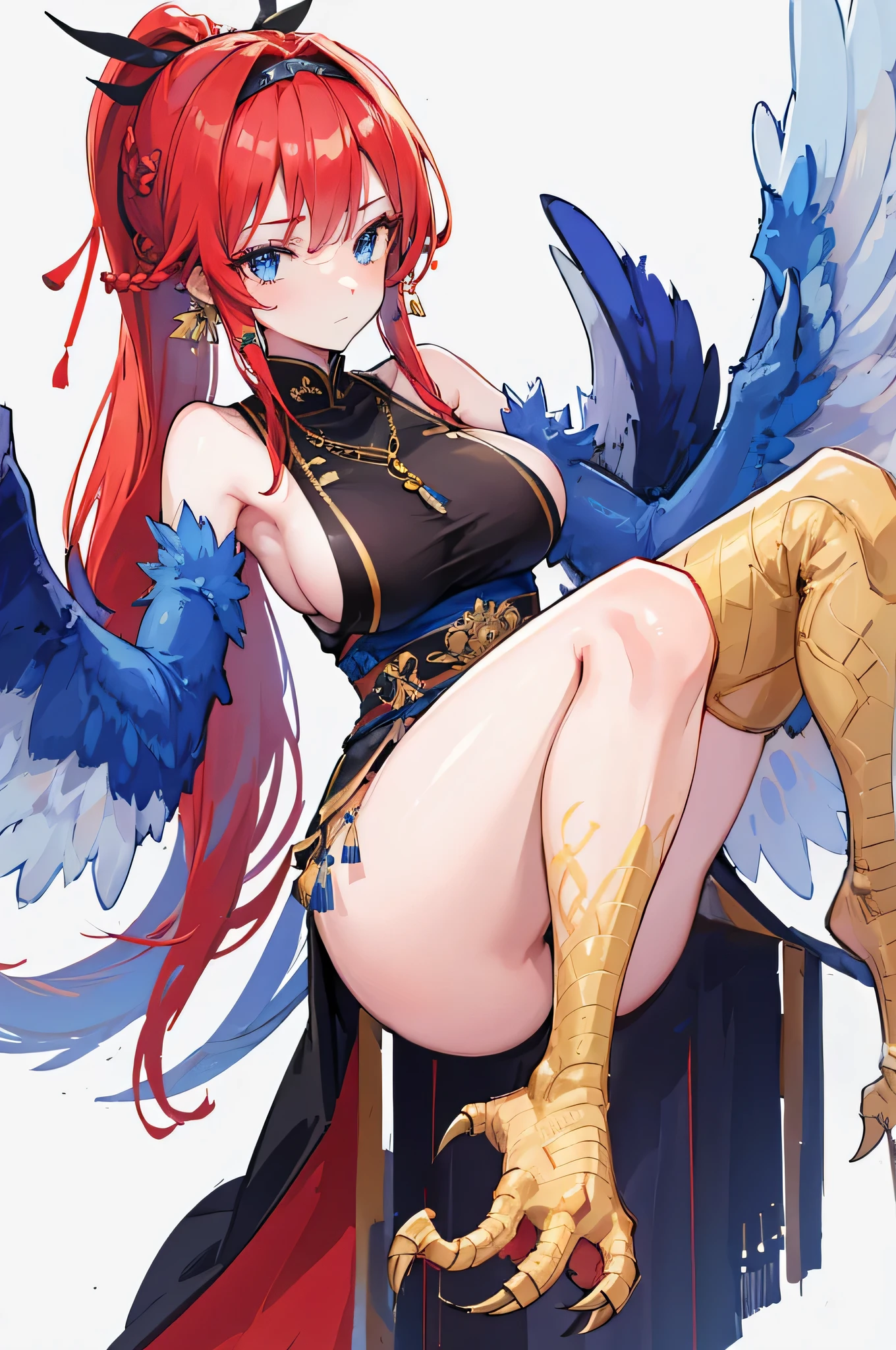 4K,High resolution,One Woman,Harpy,Red Hair,Long Ponytail,Braid,Blue Eyes,Big Breasts,White Wings,Golden toenails,Black Chinese dress,Sleeveless,hair band,Jewelry decoration,Medieval port town