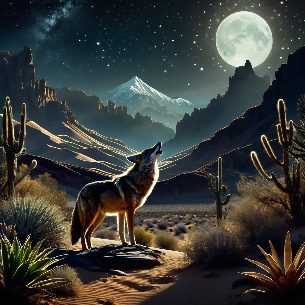 art nouveau、(coyote howling in a dark desert landscape with lots of plants, stars, and mountains) , dramatic lighting, dramatic contrast, chiaroscuro, mysterious, moody, cinematic, dark atmosphere, powerful composition, dramatic shadows,intricate details,sharp focus,professional,dreamlike atmosphere,shadow play,soft light,dark hues,ethereal background,texture,layered composition.