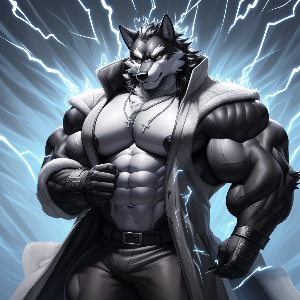 (upload on e621) (Masterpiece) (by Drks) (best quality) (ultra high res) 4K (8k HD) 2D (perfect anatomy) (digital art) (official art) (extreme detailed) (ultra detailed) (strapsanime) color (soft shading) (sharp focus) (forest woods background) 1man black body fur silver belly detailed fluffy fur (ultra detailed face) (detailed eyes) (detailed iris eyes) detailed golden yellow eyes (white sclera) black pupils big navel abs bare pectoral (((huge black shiny nipples))) black claw nails furry wolf male mature male dark black giant bulky muscular body fur giant size canid (((huge muscles))) (((hyper muscles:1.2))) huge pecs (((oversize pecs1.2))) huge biceps (((giant biceps))) (((fullbody))) canine canis mammal powerful wolf god wolf male fierce face badass wolf anthro solo standing (((wearing black silver full complete sleeveless long trench coat jacket:1.4))) (((dark black longest length hair))) (((dark black longest length back fur hair))) (((dark black longest length hair fur front lay on pecs))) (((perfect fingers))) (((five fingers))) dark black hands and fingers (((wearing black and silver fingerless gloves))) (((black arm bands on his biceps))), (((three black arm bands on his forearms:1.4))) (((dark black huge bead necklaces))) (((dark black huge longer bead necklaces around neck to pecs))) (((dark black and silver underside long wolf tail))) (((black and silver long pants with silver lines with belt straps on both legs))) (((silver electricity and wind aura flow entire body:1.5))) (((cross arm pose)))