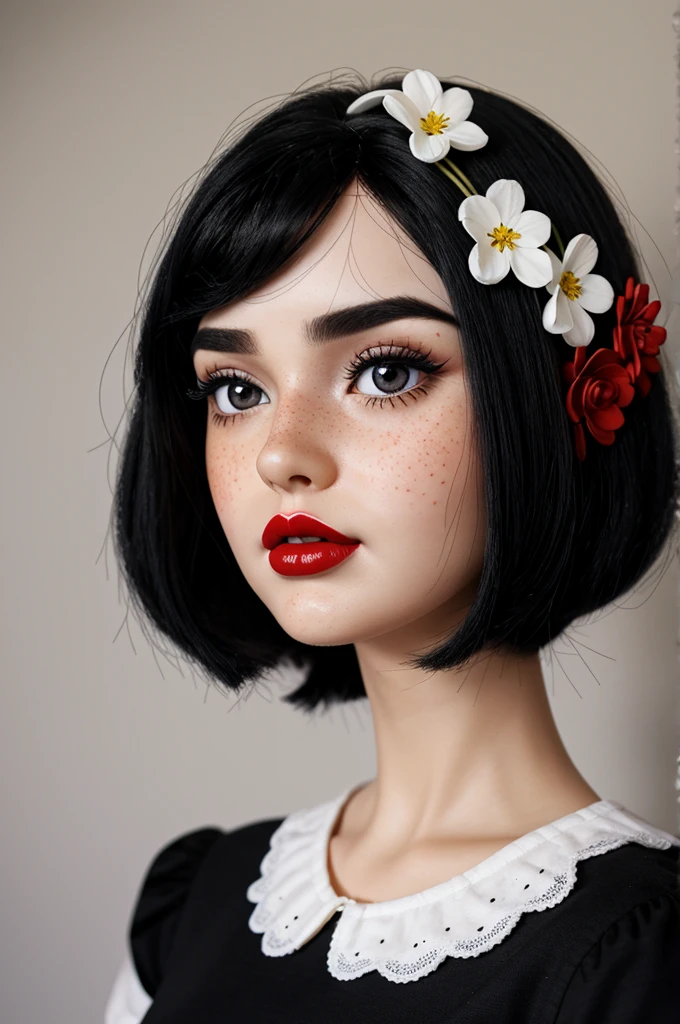 Pixar style doll black hair with white skin red lips with freckles black eyebrows black blouse with flowers