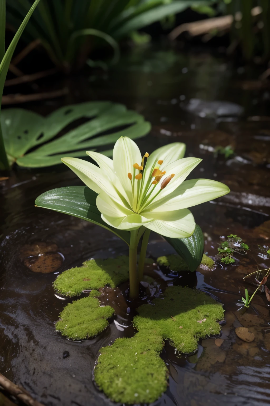 frog lily flower image with dews and green moss