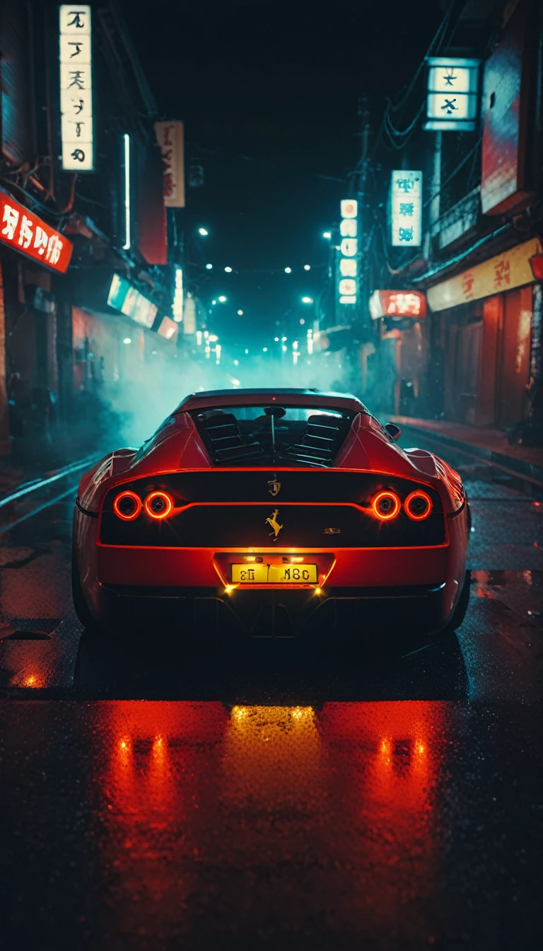 (intrincated details:1.5), (photorealistic), (masterpiece), (photography), cinematic lighting, (hyperrealistic:1.2), 8K, 300mm
vehicle focus, cyberpunk Ferrari 80s car, cyberpunk alley, ground vehicle, motor vehicle, , scenery, solo, night time, wide tyres, autonomous vehicle,(car led lights), steam coming out of the exhausts, (lens flare, film noise, diffused glow.1.5), (reflections and shine:1.5), (diffraction and chromatic aberration:1.5), (without license plate), (extremely shiny car paint), (tires with a lot of negative camber), Drone Cars, simetric design
sparks floating, (dust and scratches film:1.2), (vintage color grading:1.3), dense environment, (old photo style)
SK_ANALOGFILM