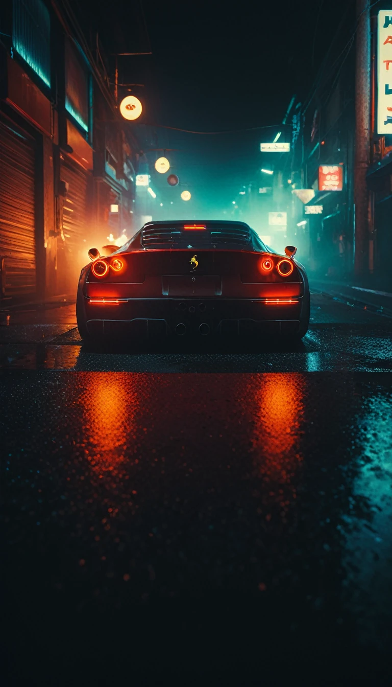 (intrincated details:1.5), (photorealistic), (masterpiece), (photography), cinematic lighting, (hyperrealistic:1.2), 8K, 300mm
vehicle focus, cyberpunk Ferrari 80s car, cyberpunk alley, ground vehicle, motor vehicle, , scenery, solo, night time, wide tyres, autonomous vehicle,(car led lights), steam coming out of the exhausts, (lens flare, film noise, diffused glow.1.5), (reflections and shine:1.5), (diffraction and chromatic aberration:1.5), (without license plate), (extremely shiny car paint), (tires with a lot of negative camber), Drone Cars, simetric design
sparks floating, (dust and scratches film:1.2), (vintage color grading:1.3), dense environment, (old photo style)
SK_ANALOGFILM